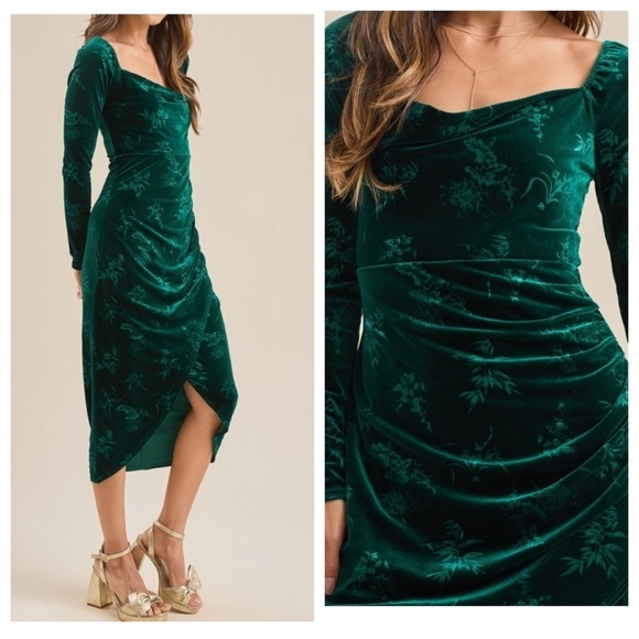 Altar’d State Alyssa Green Floral Velvet Midi Dress Side Slit Womens Large New - Picture 1 of 10